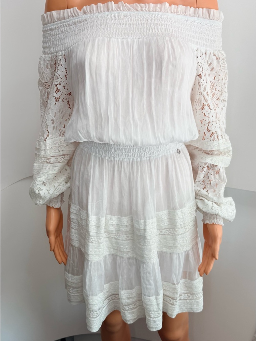 Guess White Off-Shoulder Lace Tiered Mini Dress